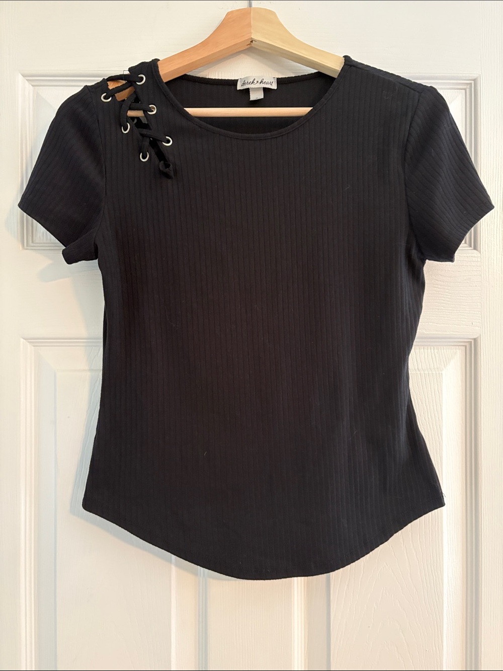 Derek Heart Black Ribbed Short Sleeve Tee with Lace-Up Shoulder